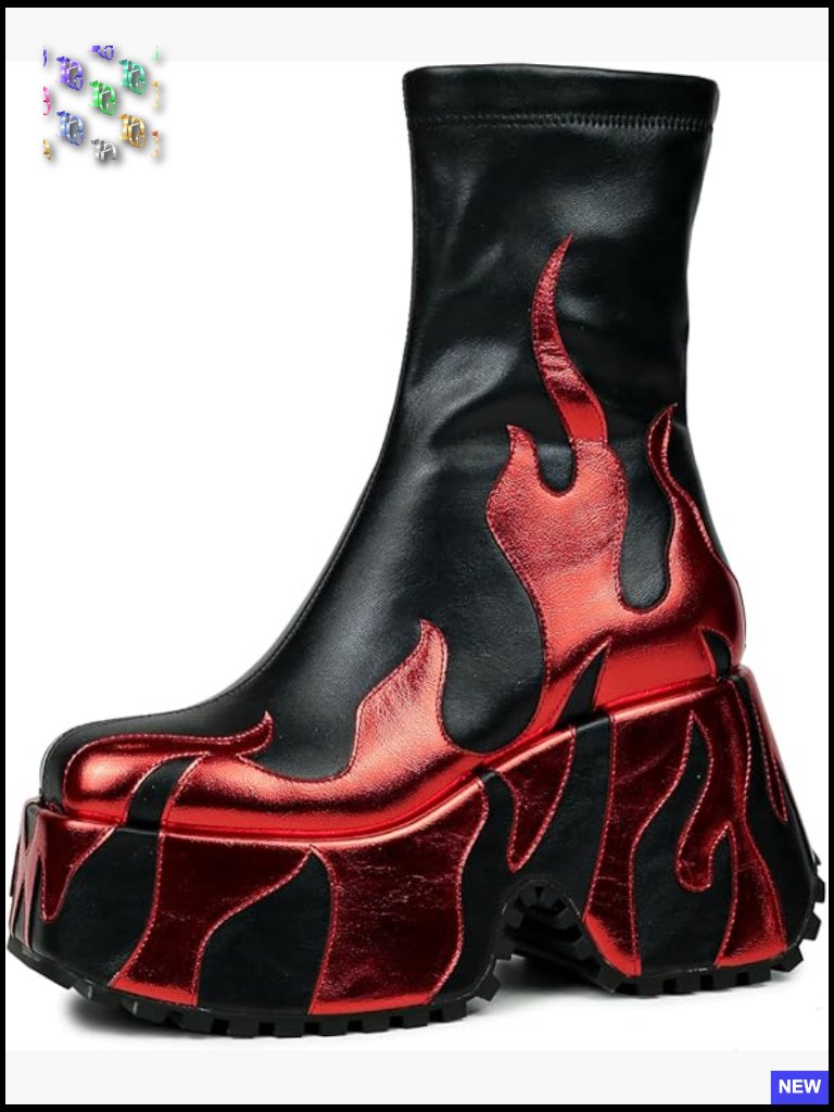 Red Flames Print Chunky Platform Ankle Boots Wedge Heel Zip Closure